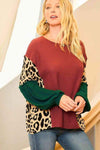 Leopard Color Block Waffle-Knit Blouse Blouses - Tophatter Daily Deals