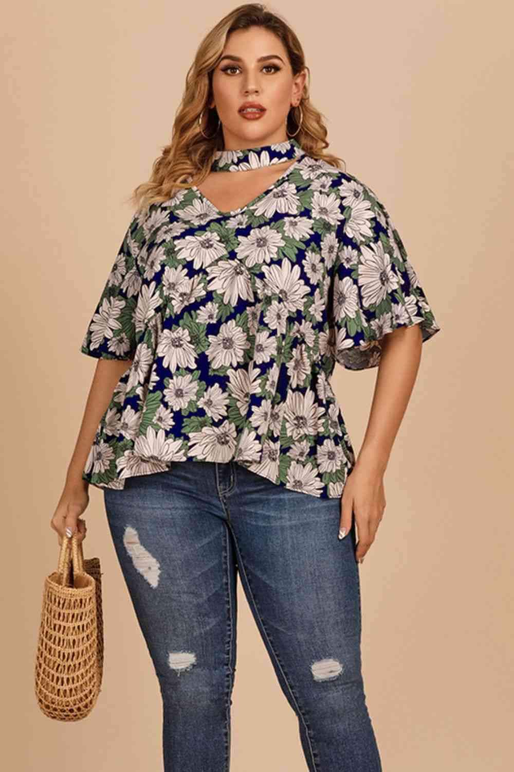 Plus Size Floral Flutter Sleeve Cutout Blouse Navy Blouses - Tophatter Daily Deals