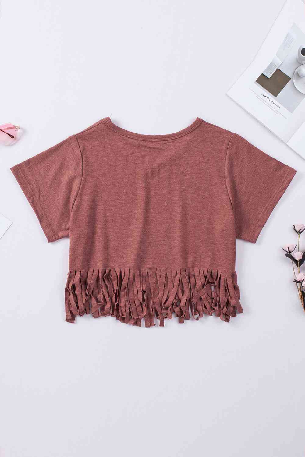 V-Neck Fringe Hem T-Shirt Women's T-Shirts - Tophatter Daily Deals