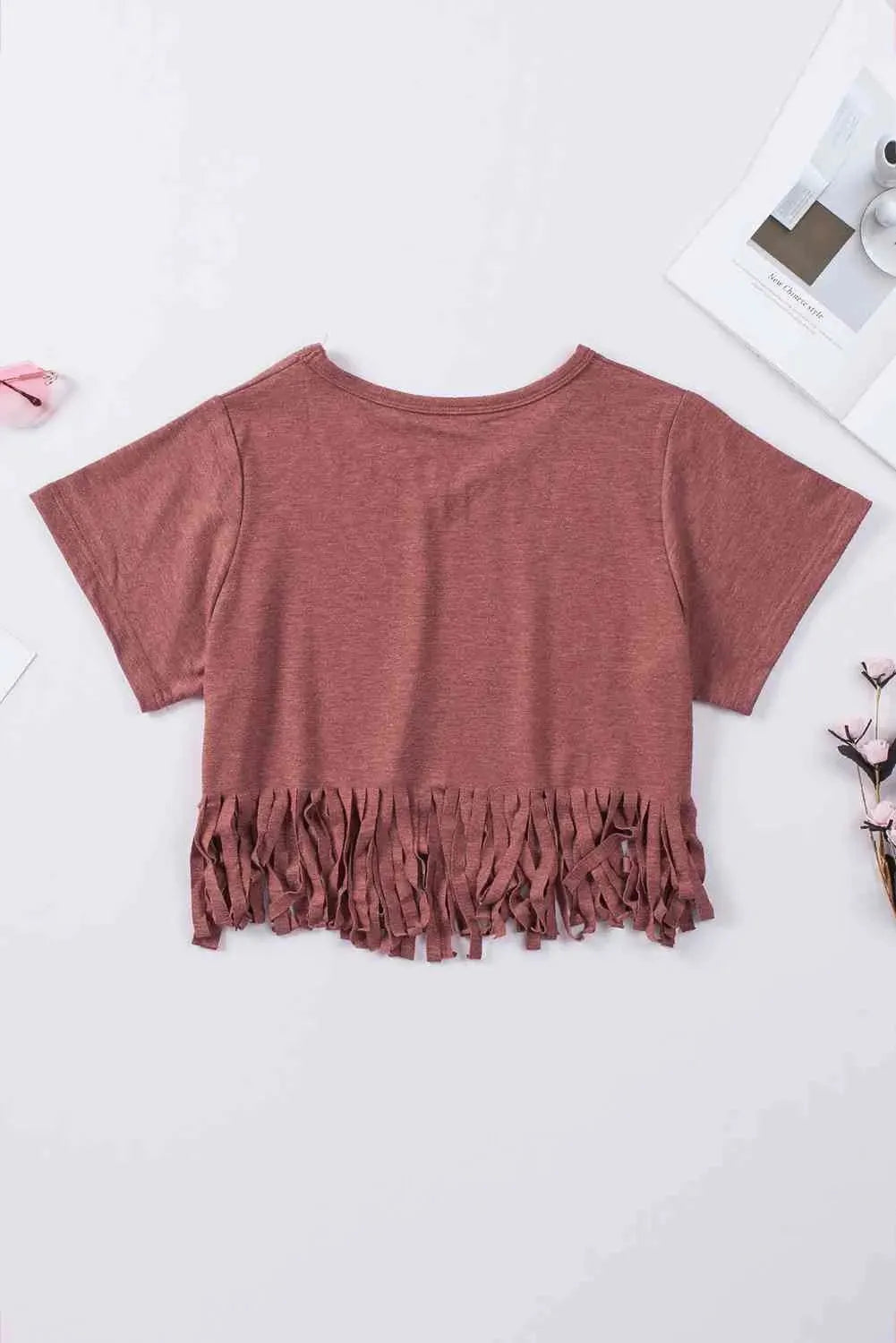 V-Neck Fringe Hem T-Shirt Women's T-Shirts - Tophatter Daily Deals