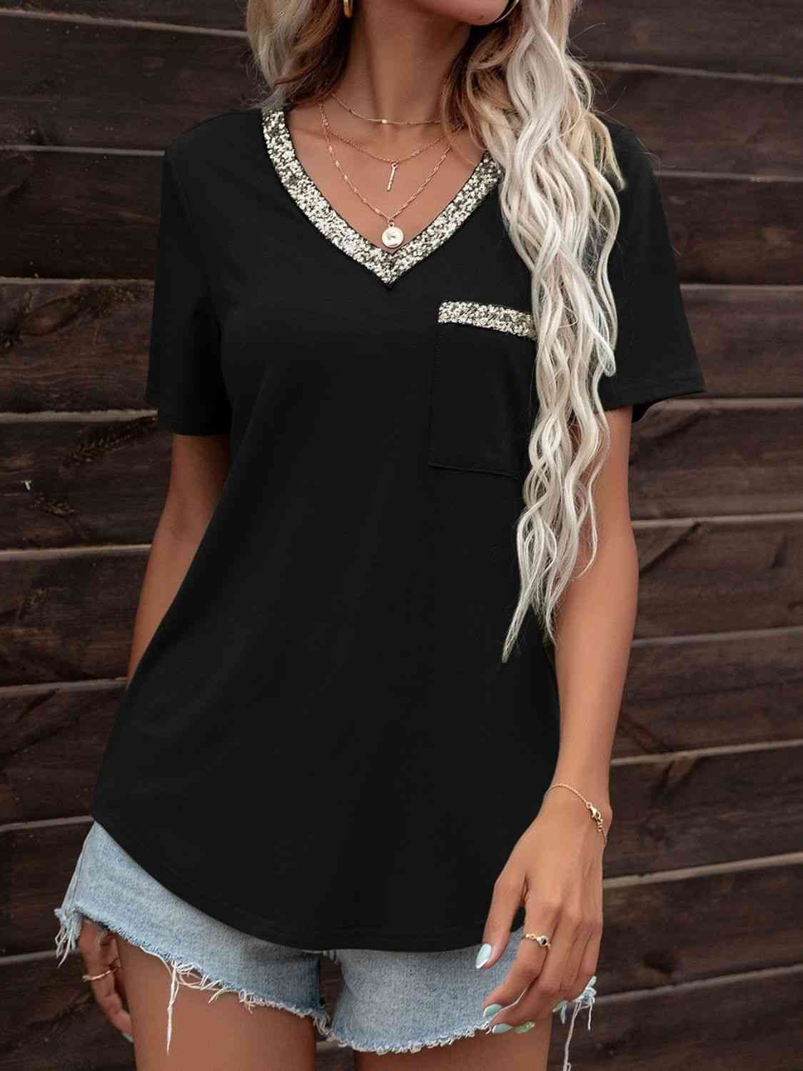 Glitter V-Neck Short Sleeve Tee Shirt Women's T-Shirts - Tophatter Daily Deals