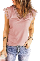 Lace Trim V-Neck Capped Sleeve Top Blouses - Tophatter Daily Deals