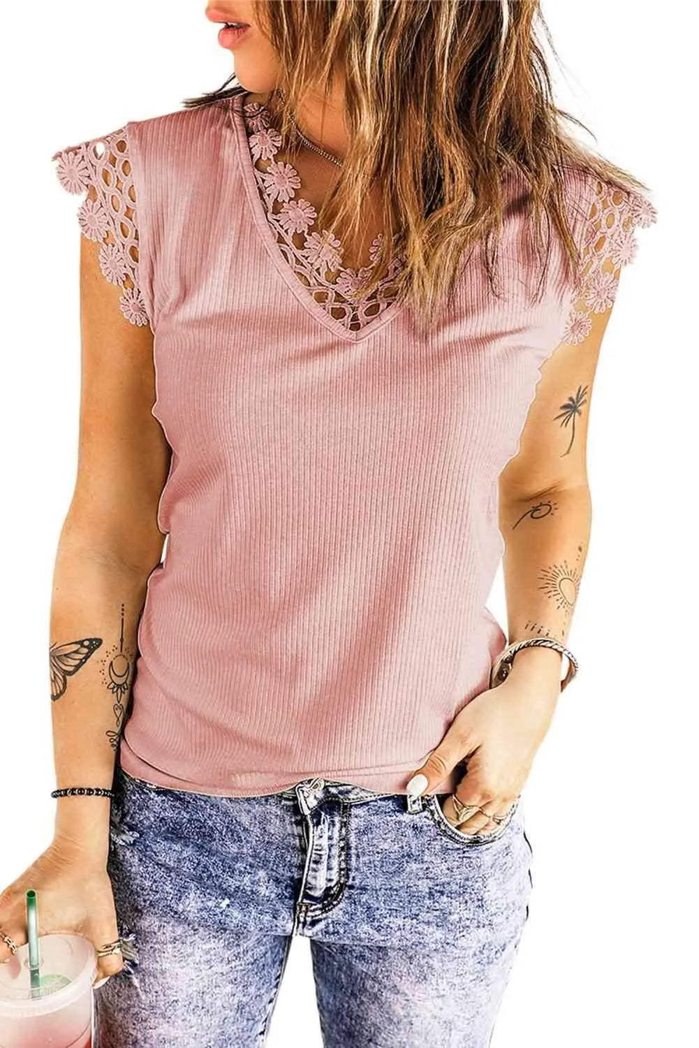 Lace Trim V-Neck Capped Sleeve Top Blouses - Tophatter Daily Deals
