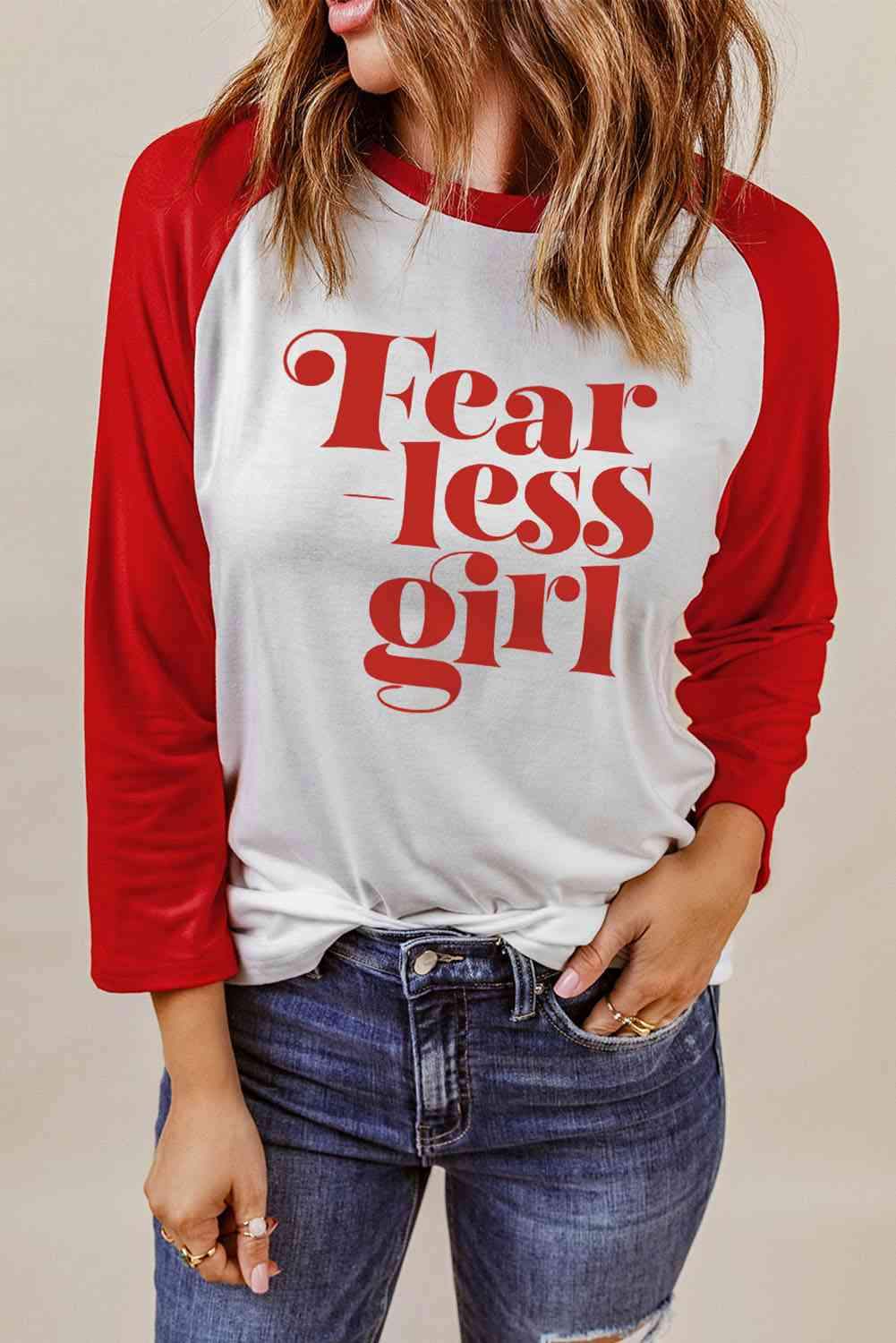 FEARLESS GIRL Graphic Raglan Sleeve Top White Red Women's T-Shirts - Tophatter Daily Deals