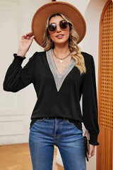 Lace Detail V-Neck Lantern Sleeve T-Shirt Women's T-Shirts - Tophatter Daily Deals