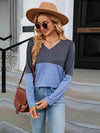 V-Neck Long Sleeve Two-Tone T-Shirt Women's T-Shirts - Tophatter Daily Deals