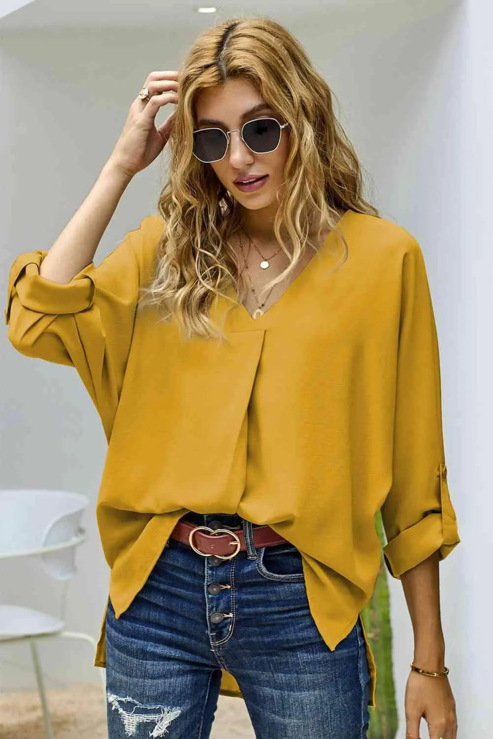 V-Neck Roll-Tab Sleeve Blouse Mustard Blouses - Tophatter Daily Deals