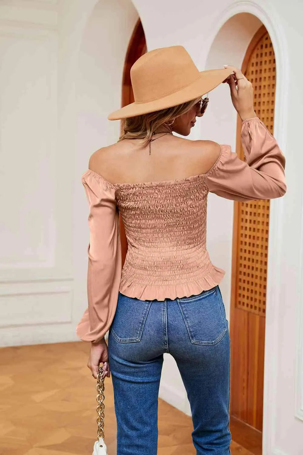 Smocked Off-Shoulder Ruffle Hem Blouse Blouses - Tophatter Daily Deals