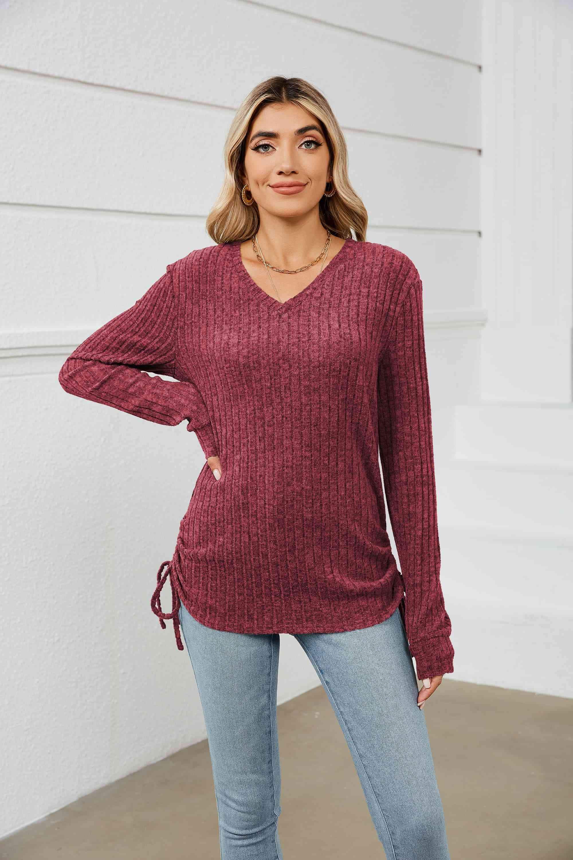 Drawstring Ribbed Long Sleeve T-Shirt Cerise Women's T-Shirts - Tophatter Daily Deals