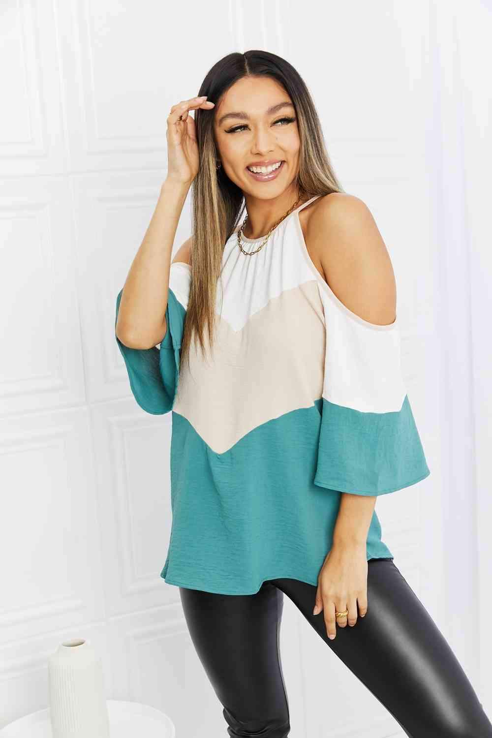 Hailey & Co Full Size Color Block Cold-Shoulder Blouse White Green Blouses - Tophatter Daily Deals