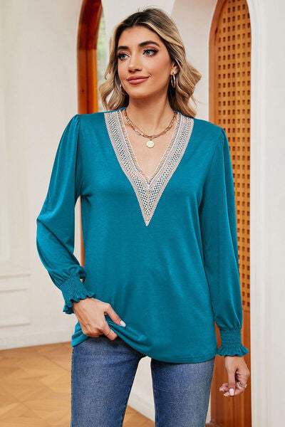 Lace Detail V-Neck Lantern Sleeve T-Shirt Women's T-Shirts - Tophatter Daily Deals