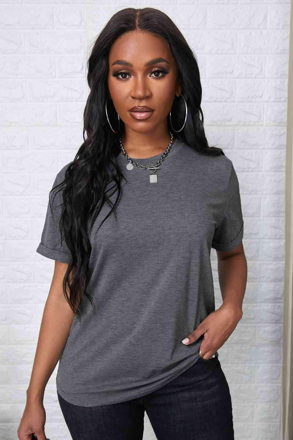 Round Neck Cuffed Short Sleeve Tee Women's T-Shirts - Tophatter Daily Deals