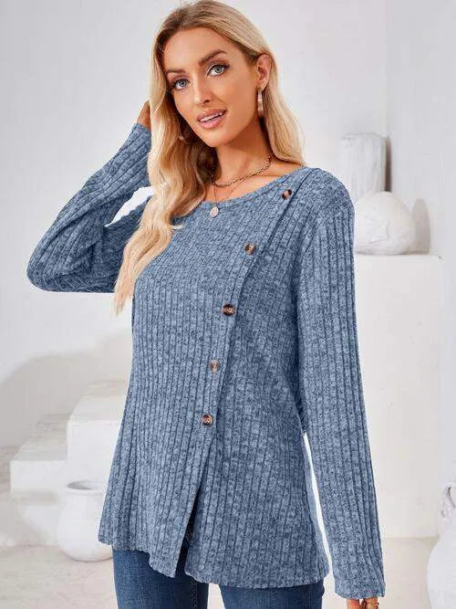 Ribbed Buttoned Round Neck Slit T-Shirt Women's T-Shirts - Tophatter Daily Deals