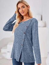 Ribbed Buttoned Round Neck Slit T-Shirt Women's T-Shirts - Tophatter Daily Deals