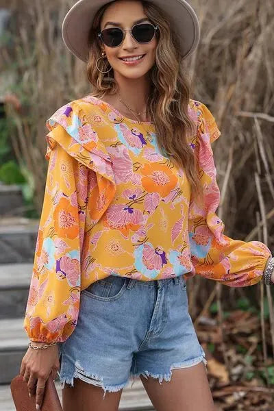 Floral Print Ruffle Puff Sleeve Blouse Tangerine Blouses - Tophatter Daily Deals
