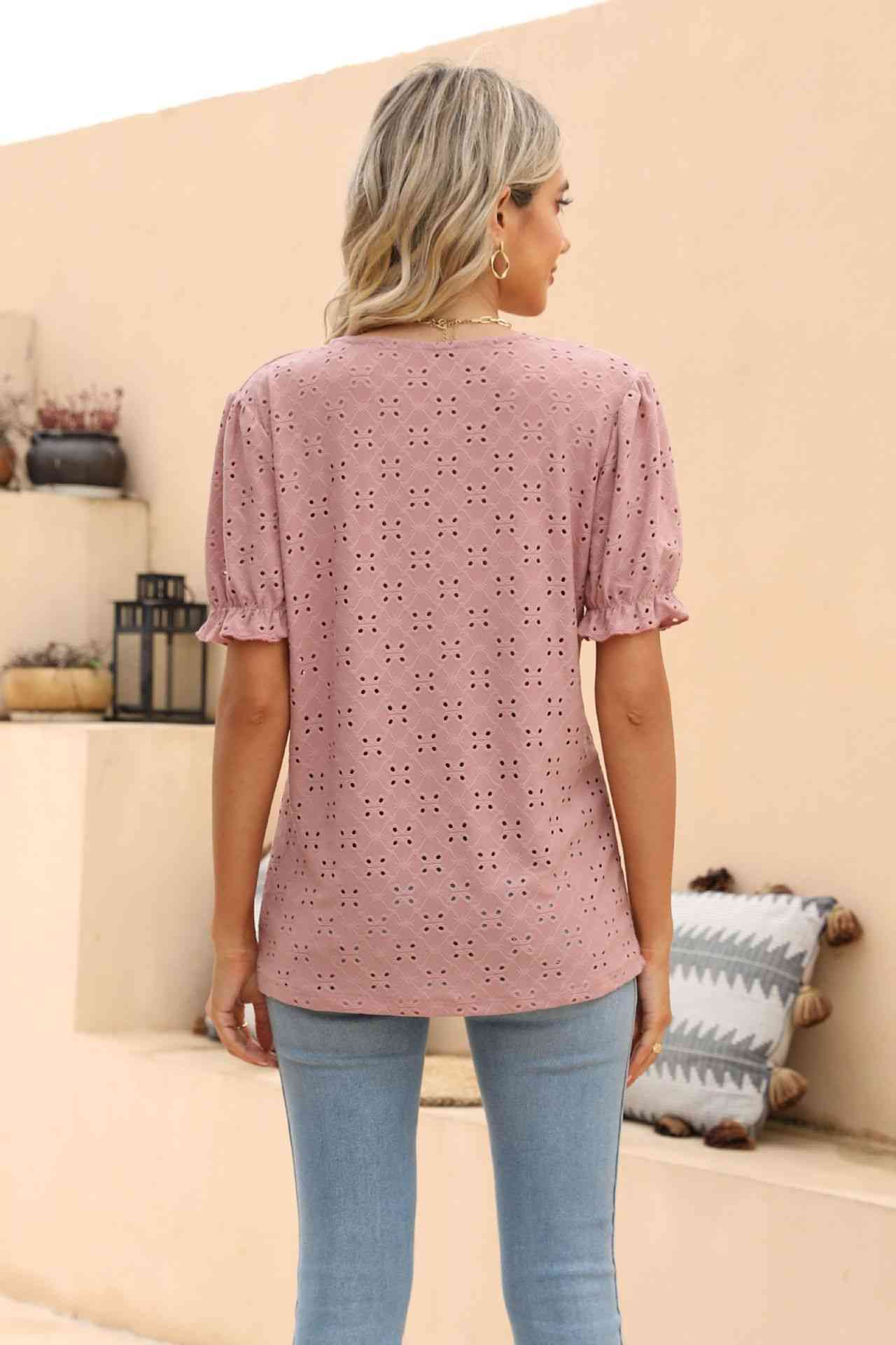 Openwork Round Neck Flounce Sleeve T-Shirt Women's T-Shirts - Tophatter Daily Deals