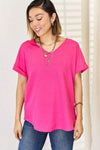 Zenana V-Neck Rolled Short Sleeve T-Shirt Blouses - Tophatter Daily Deals