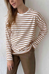 Round Neck Striped Dropped Shoulder T-Shirt Mocha Women's T-Shirts - Tophatter Daily Deals