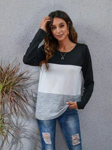 Color Block Round Neck Long Sleeve T-Shirt Women's T-Shirts - Tophatter Daily Deals