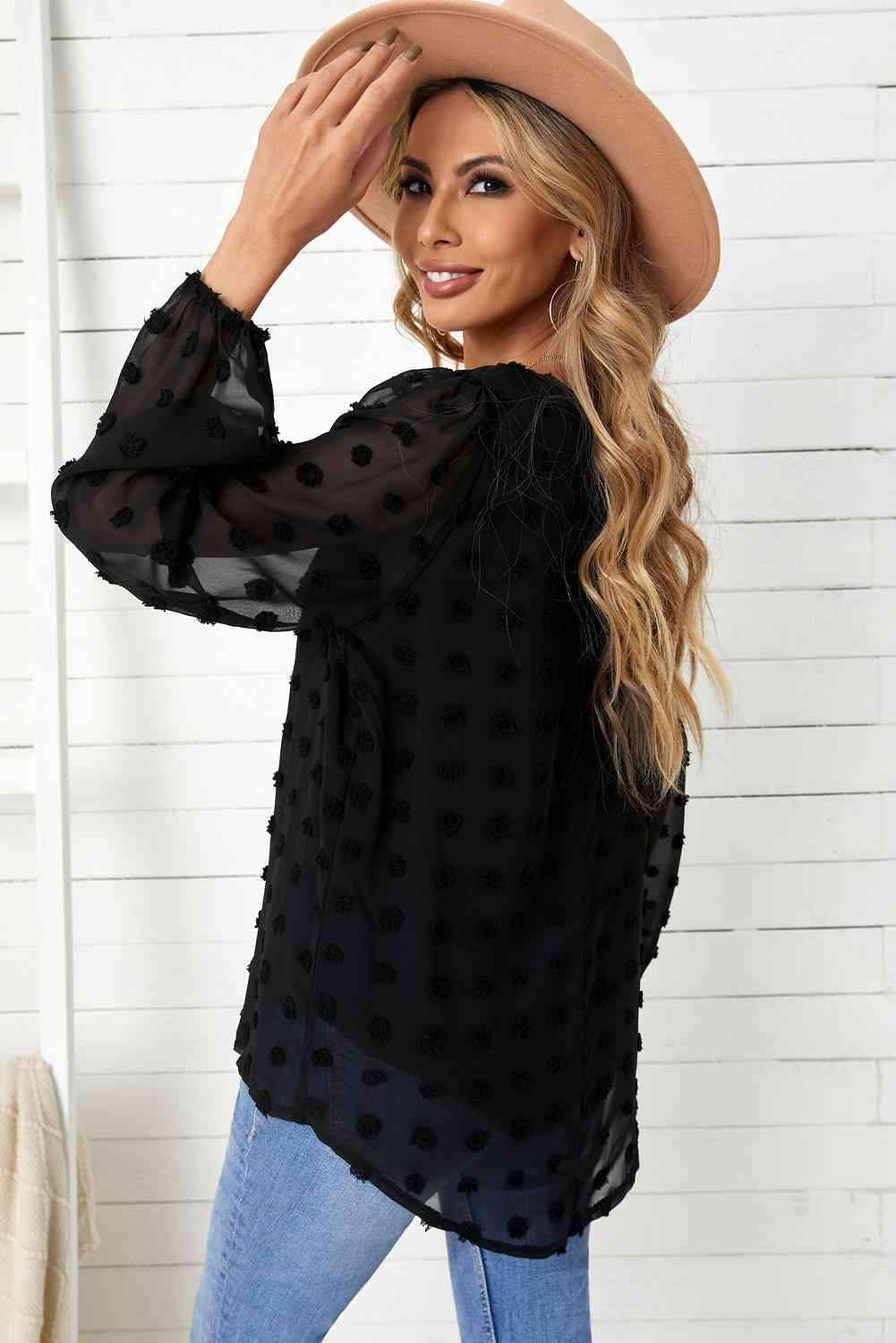 Swiss Dot Balloon Sleeve V-Neck Blouse Blouses - Tophatter Daily Deals