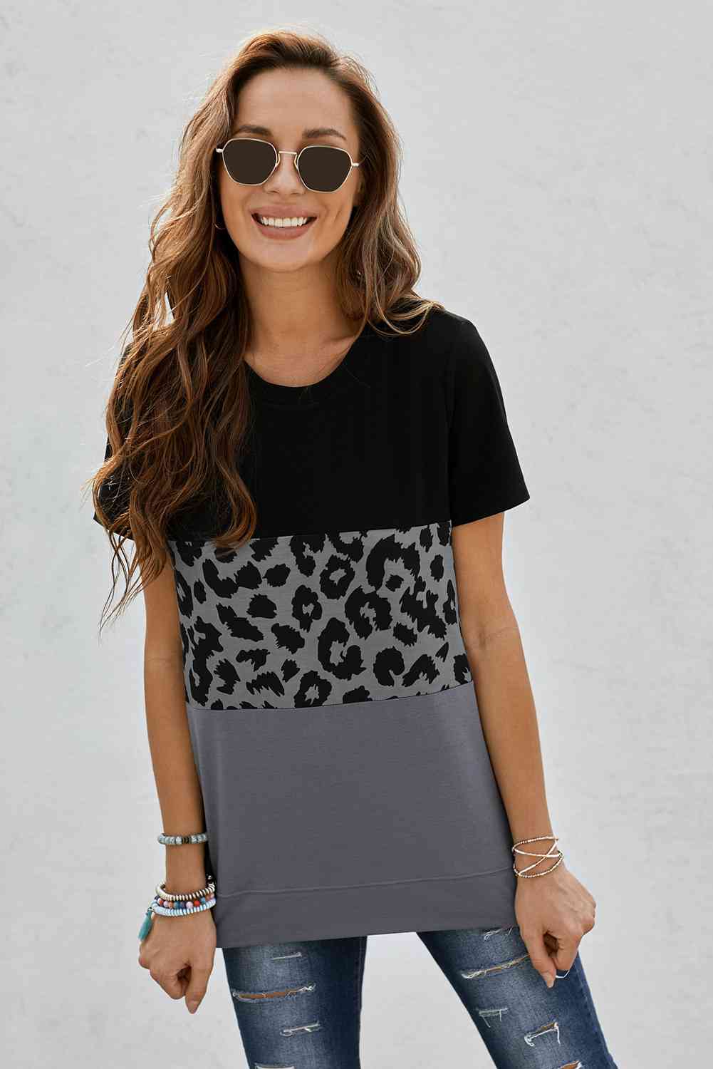 Leopard Print Color Block Short Sleeve T-Shirt Women's T-Shirts - Tophatter Daily Deals