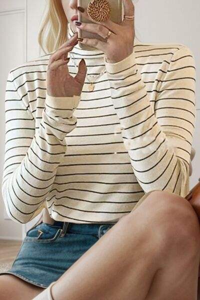 Striped Turtleneck Long Sleeve T-Shirt Women's T-Shirts - Tophatter Daily Deals