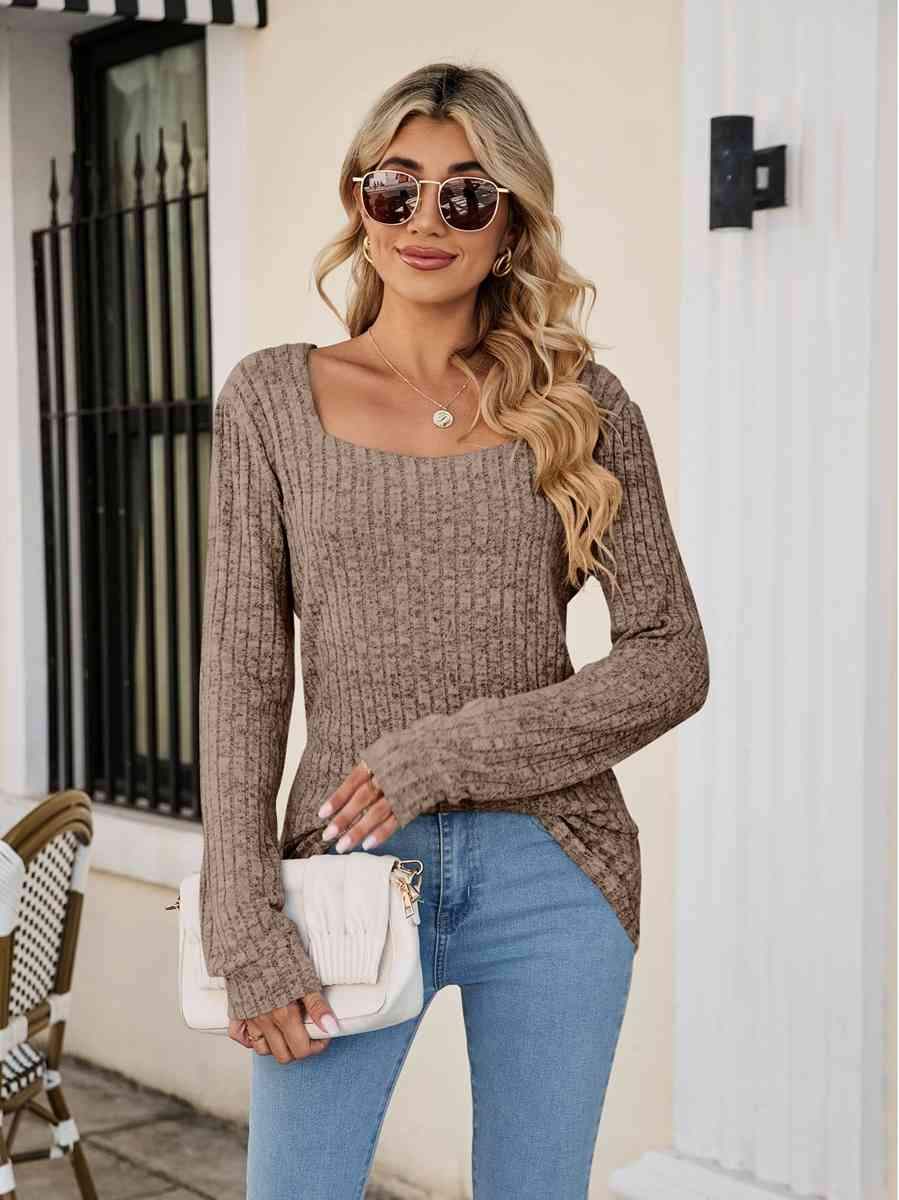 Square Neck Ribbed Long Sleeve T-Shirt Women's T-Shirts - Tophatter Daily Deals