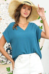 Ninexis V-Neck Trim Rolled Short Sleeve Shirt TEAL Blouses - Tophatter Daily Deals