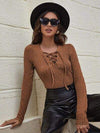 Textured Lace-Up V-Neck Long Sleeve T-Shirt Chestnut Women's T-Shirts - Tophatter Daily Deals