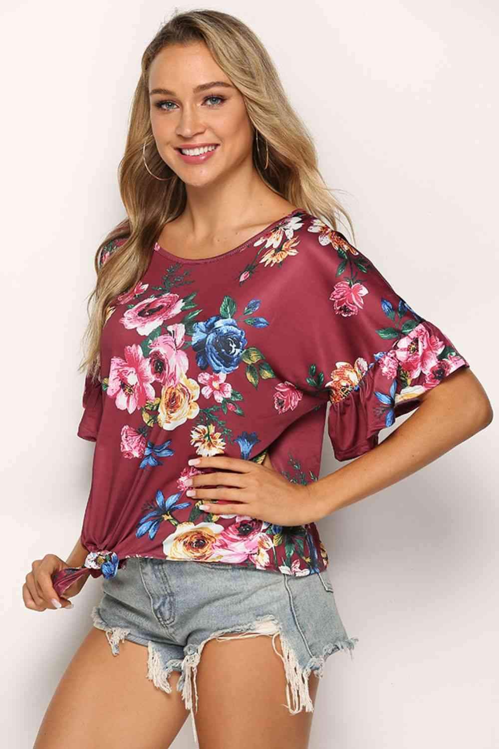 Floral Tie Hem Flounce Sleeve Top Blouses - Tophatter Daily Deals