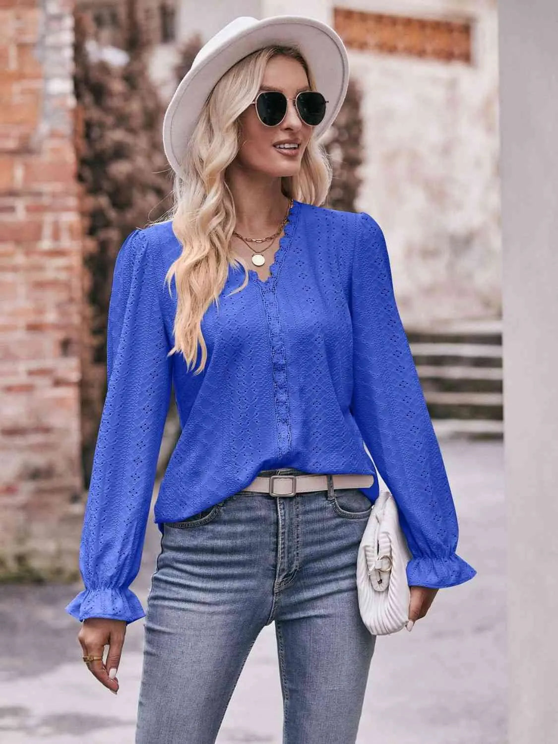 Double Take Eyelet V-Neck Flounce Sleeve Blouse Blouses - Tophatter Daily Deals