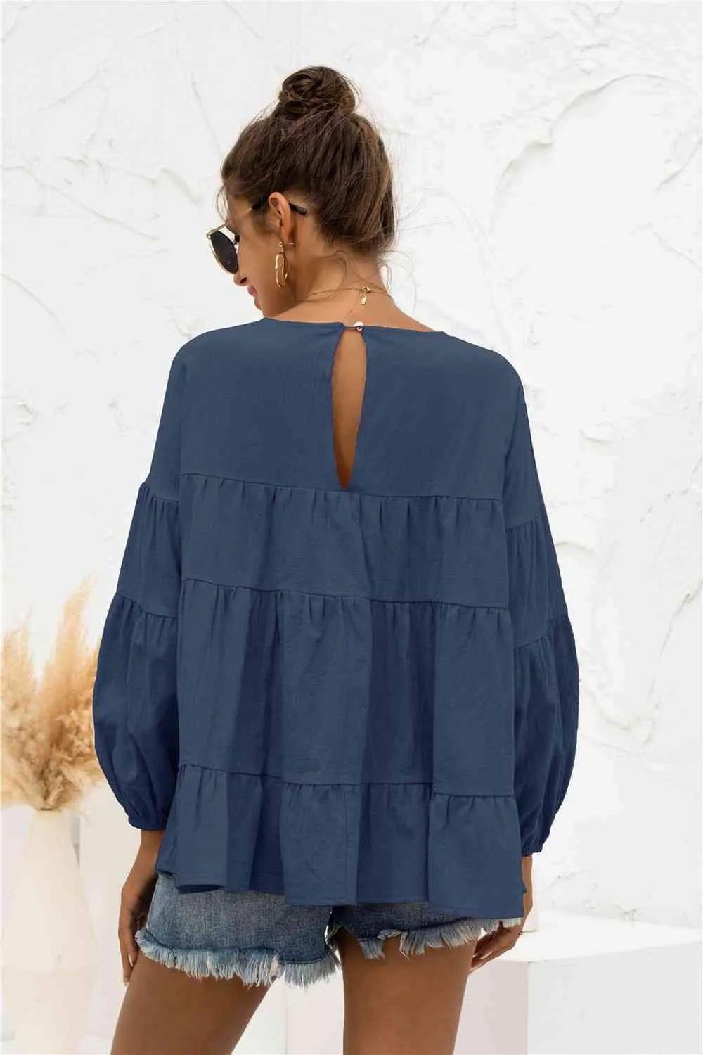 Round Neck Bubble Sleeve Tiered Blouse Blouses - Tophatter Daily Deals