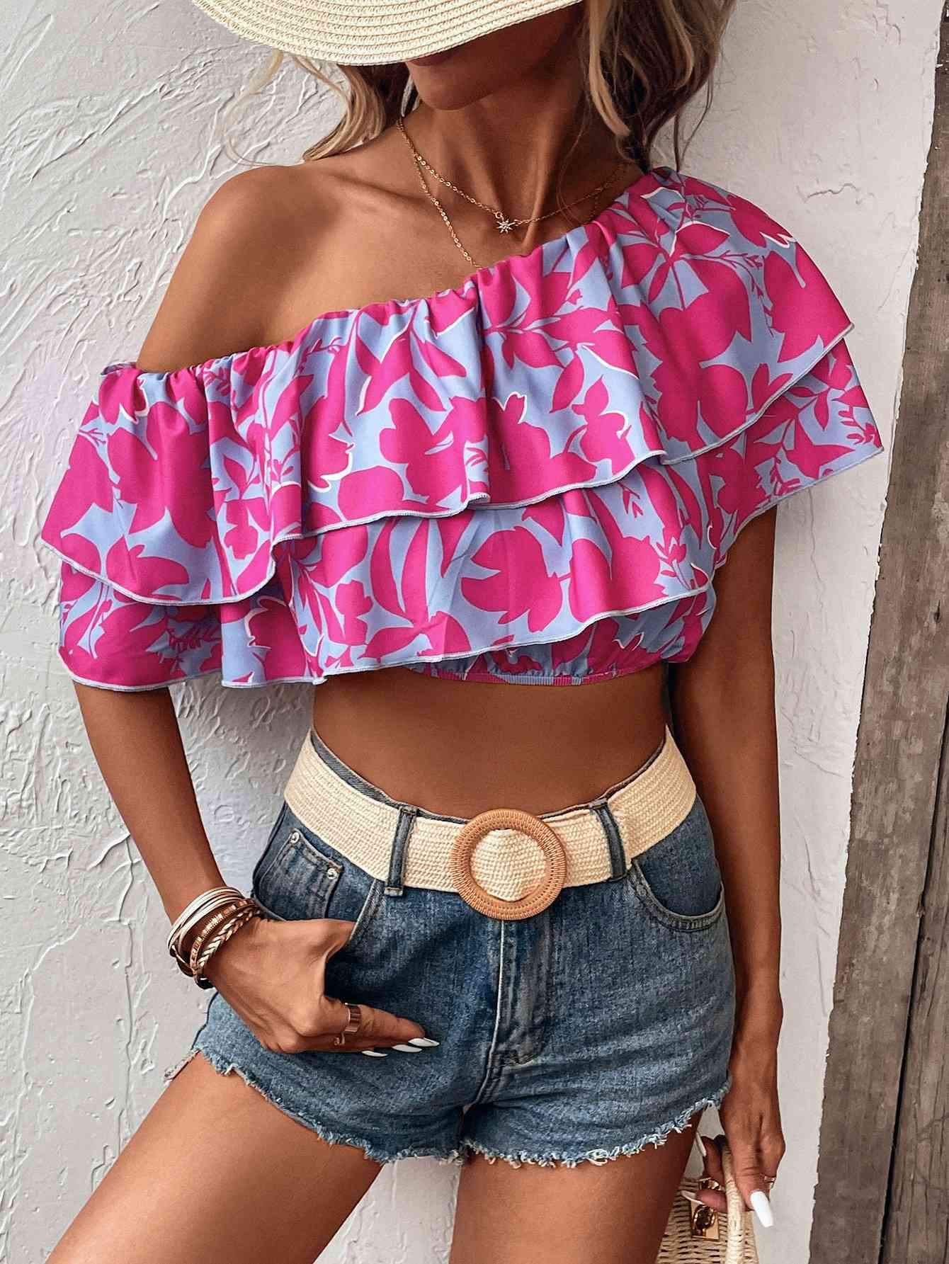 Layered One Shoulder Cropped Blouse Blouses - Tophatter Daily Deals