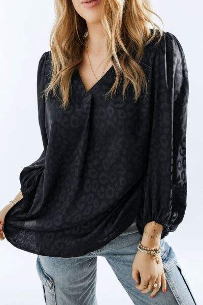 Leopard V-Neck Balloon Sleeve Blouse Black Blouses - Tophatter Daily Deals