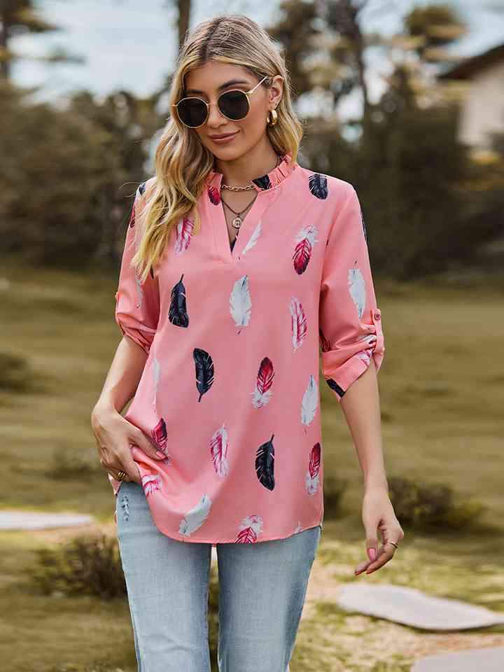 Printed Roll-Tab Sleeve Notched Neck Blouse Blouses - Tophatter Daily Deals