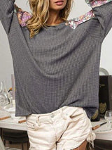 Printed Waffle-Knit Round Neck T-Shirt Women's T-Shirts - Tophatter Daily Deals