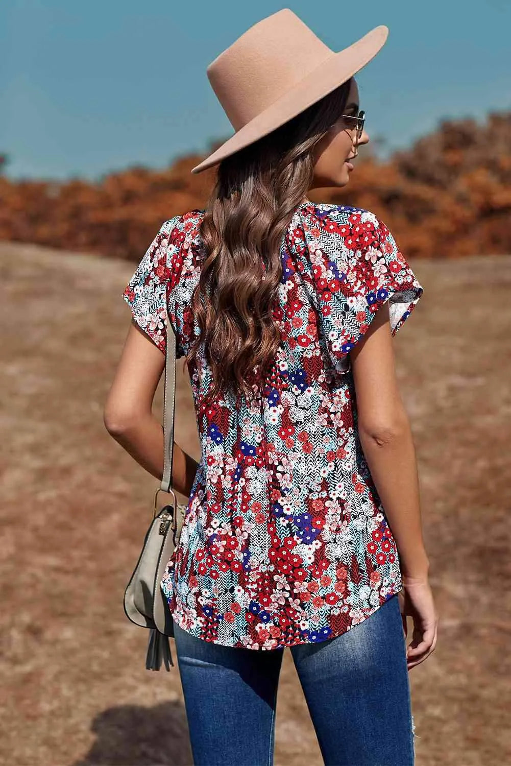 Floral Flutter Sleeve Tie-Neck Blouse Blouses - Tophatter Daily Deals