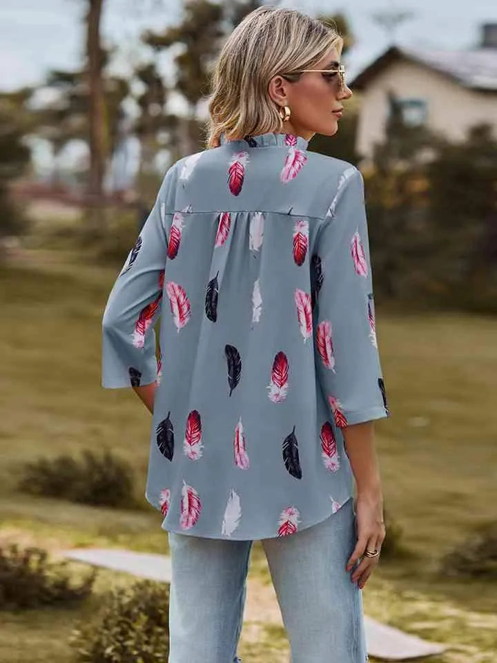Printed Roll-Tab Sleeve Notched Neck Blouse Blouses - Tophatter Daily Deals