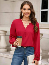 V-Neck Long Sleeve Blouse Red Orange Blouses - Tophatter Daily Deals