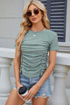 Eyelet Ruched Round Neck Short Sleeve T-Shirt Women's T-Shirts - Tophatter Daily Deals