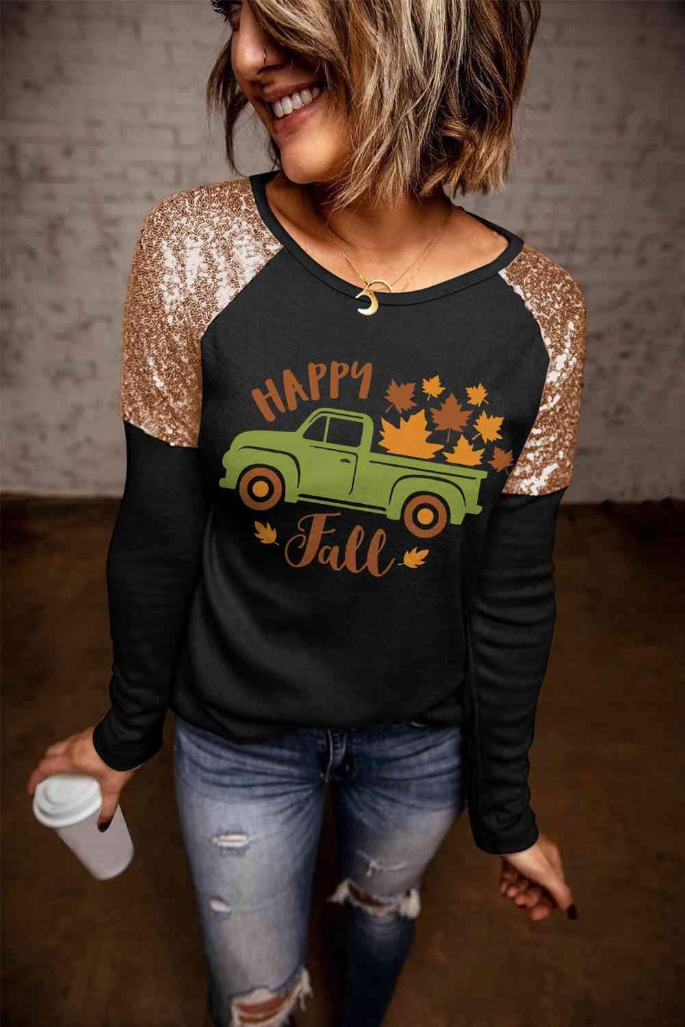 HAPPY FALL Graphic Sequin T-Shirt Black Women's T-Shirts - Tophatter Daily Deals