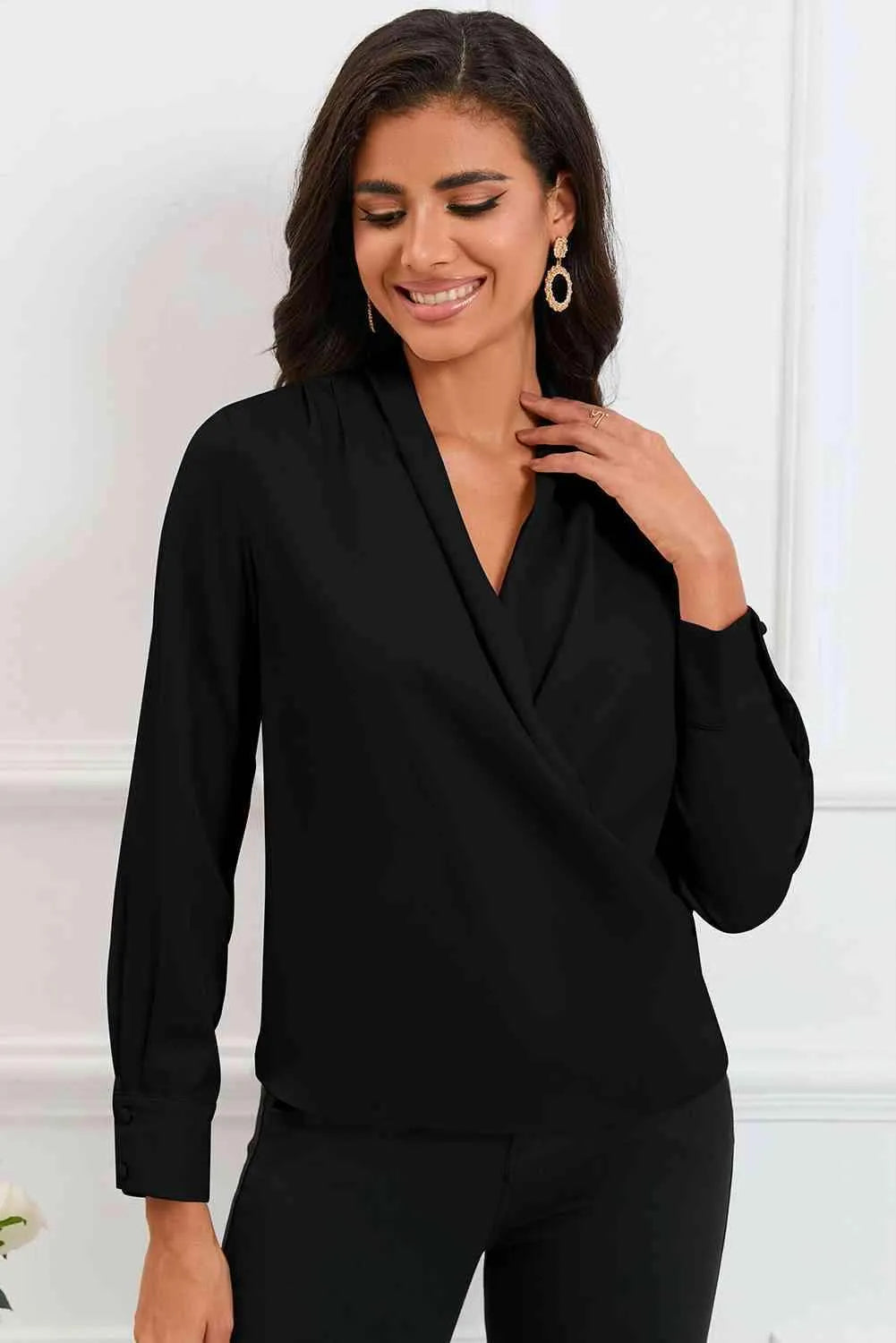 V-Neck Buttoned Long Sleeve Blouse Blouses - Tophatter Daily Deals