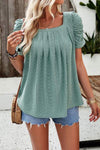 Eyelet Square Neck Puff Sleeve T-Shirt Women's T-Shirts - Tophatter Daily Deals