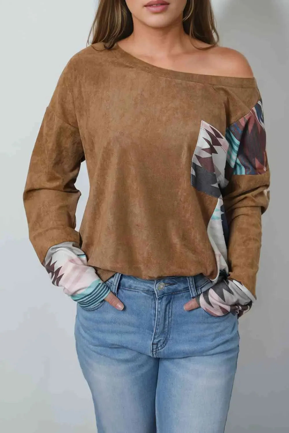 Geometric Drop Shoulder T-Shirt with Pocket Women's T-Shirts - Tophatter Daily Deals