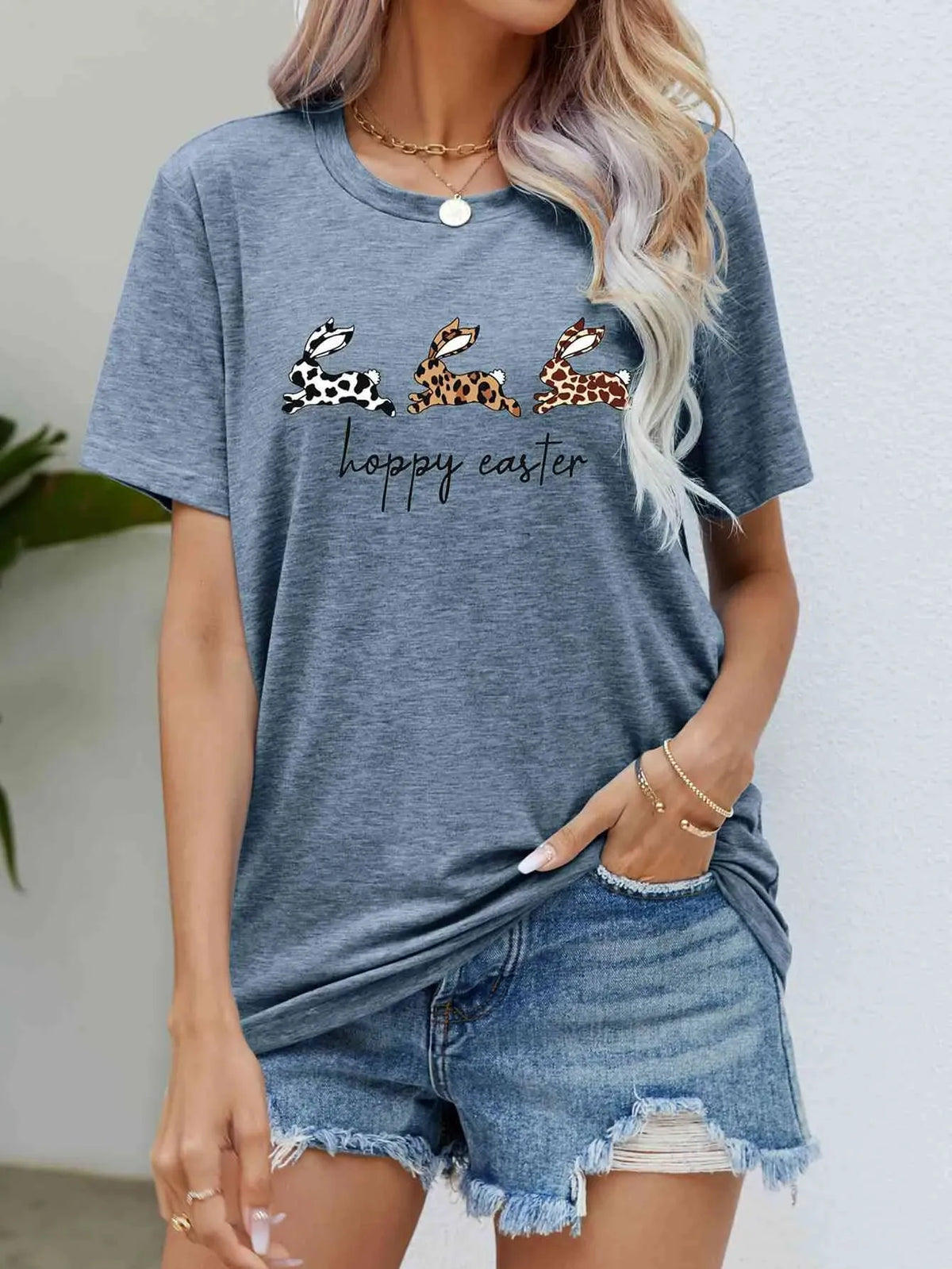 HOPPY EASTER Bunny Graphic Tee Shirt Misty Blue Women's T-Shirts - Tophatter Daily Deals