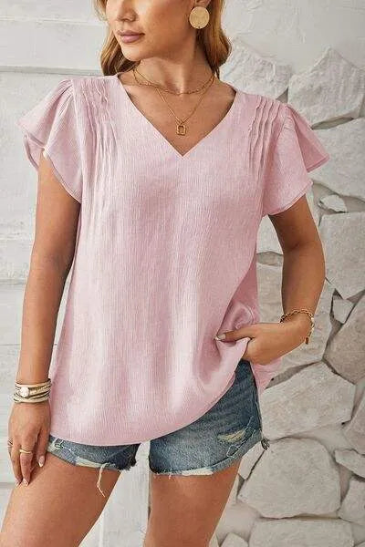 V-Neck Flutter Sleeve T-Shirt Women's T-Shirts - Tophatter Daily Deals