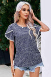 Printed Pom Pom Detail Petal Sleeve Blouse Navy Blouses - Tophatter Daily Deals