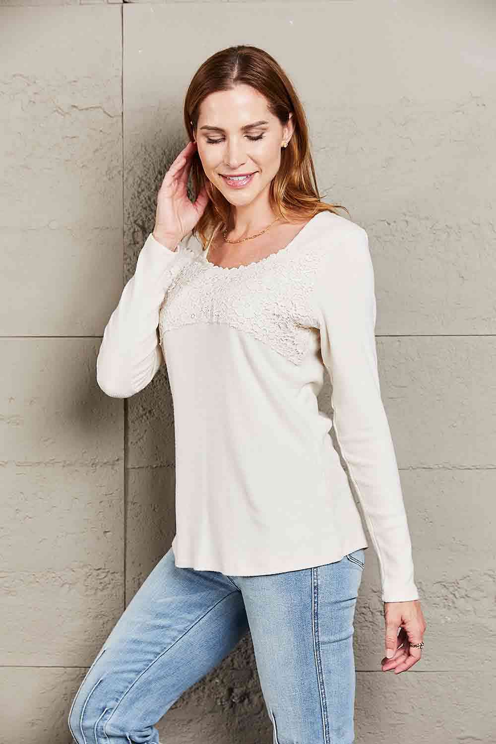 Double Take Lace Crochet Long Sleeve Top Women's T-Shirts - Tophatter Daily Deals