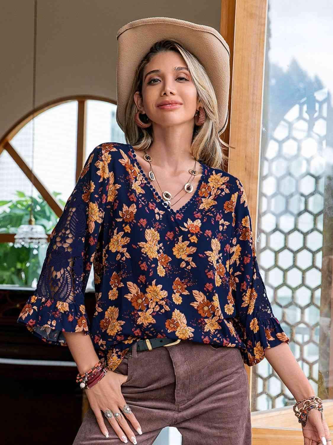 Floral V-Neck Crochet Blouse Blouses - Tophatter Daily Deals