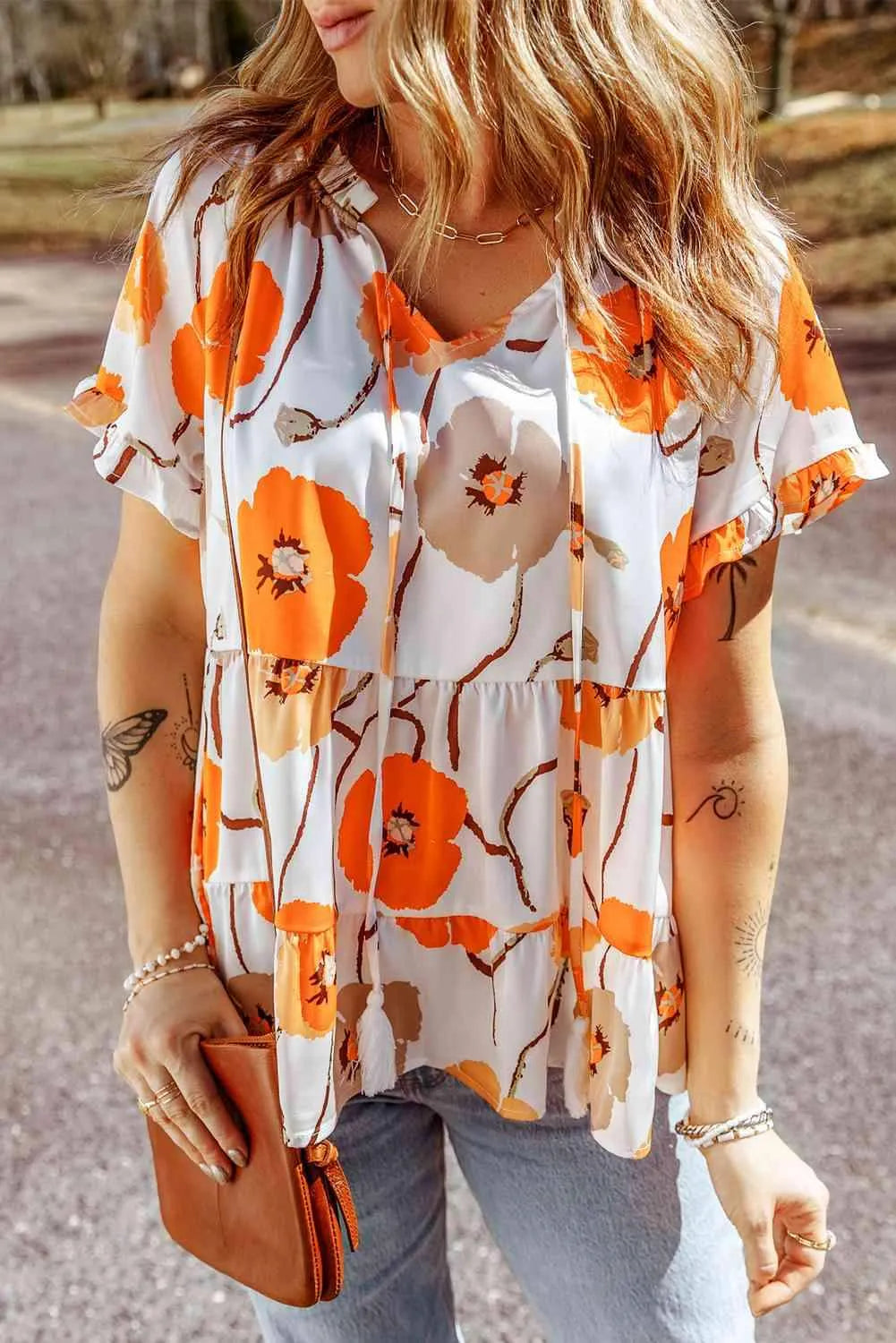 Printed Flounce Sleeve Tie-Neck Peplum Blouse Blouses - Tophatter Daily Deals